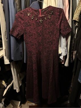 Zara Wine Lace Midi Dress with Jeweled Neckline